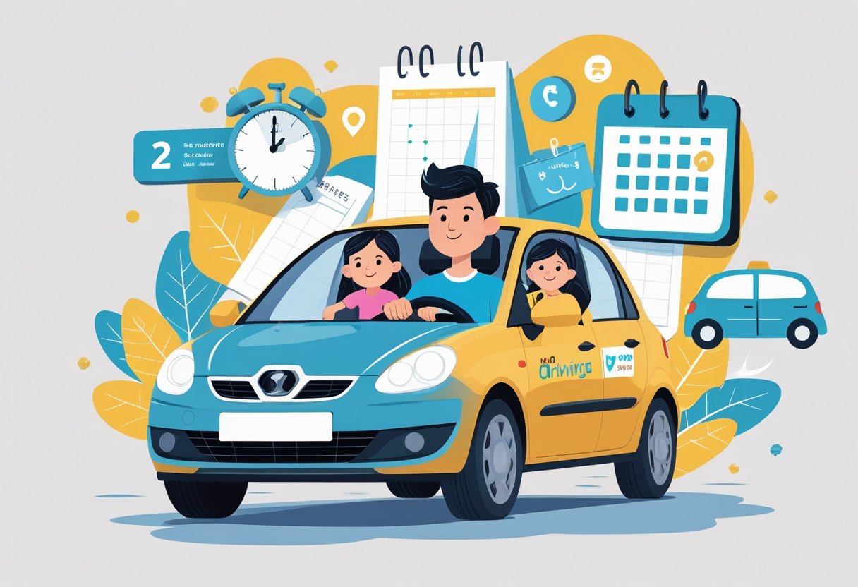 A parent driving a car with children in the back seat, surrounded by symbols of busy schedules and support for learning to drive safely.