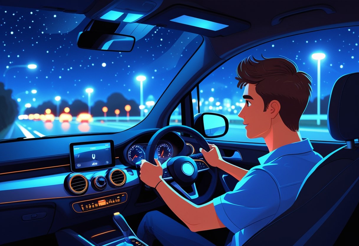 A young adult driving a car at night on a city street with street lights and stars visible outside.