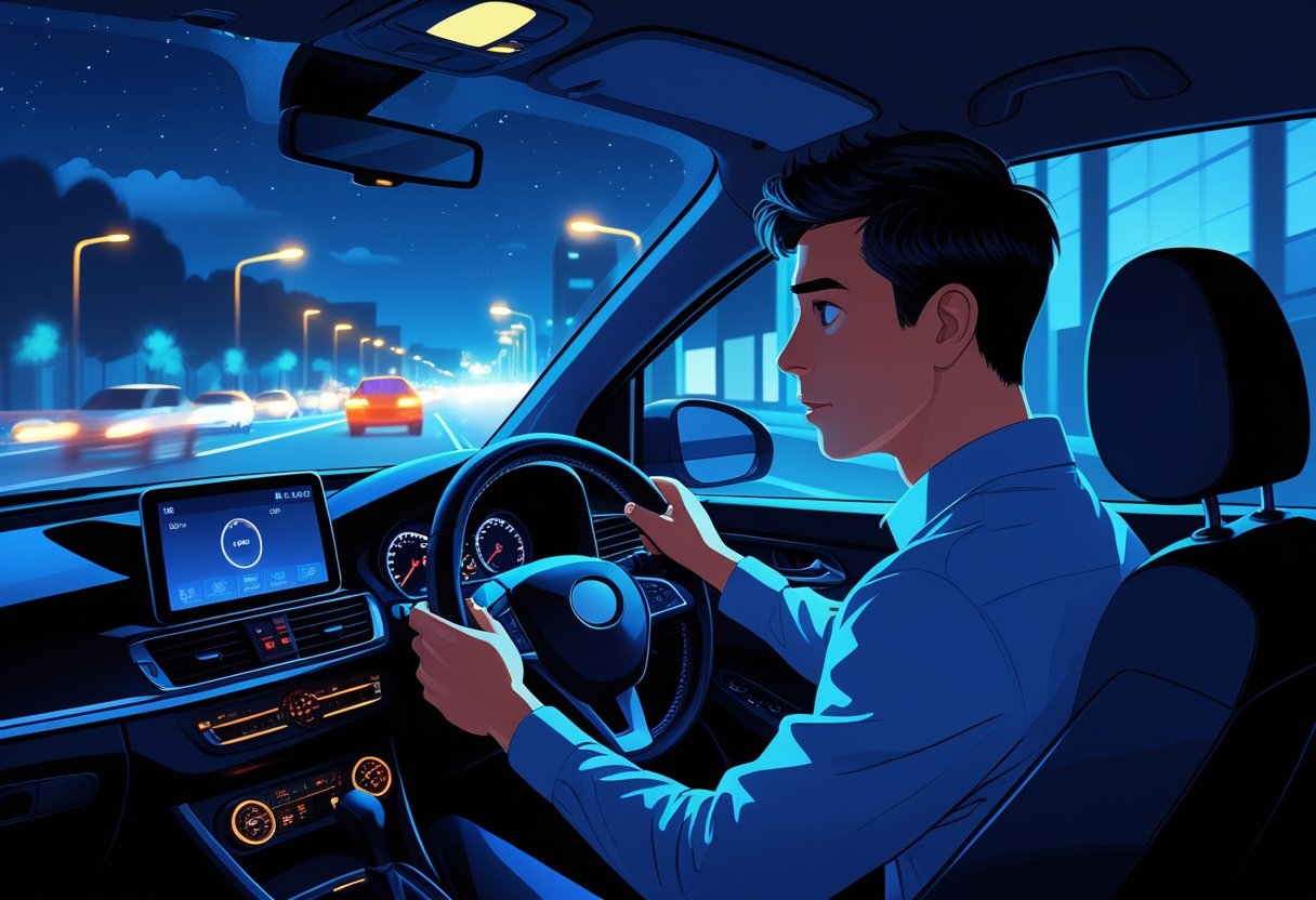 A young adult driving a car at night on a city road, focused and alert with illuminated dashboard and streetlights outside.
