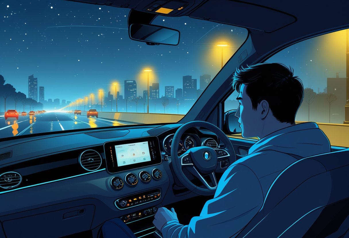 A young adult driving a car at night on a city road with streetlights and a starry sky, looking alert and confident.