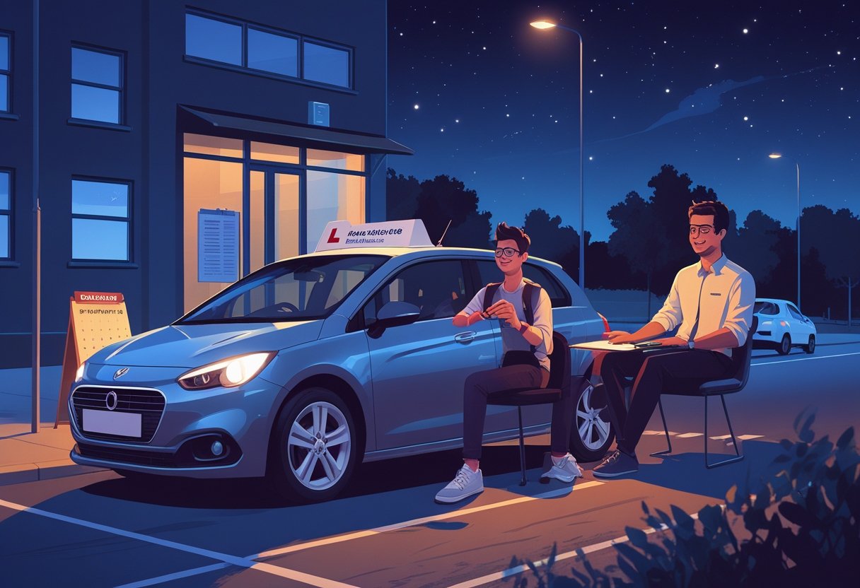 A learner driver and instructor inside a car at night near a driving school, with streetlights and a clear starry sky outside.