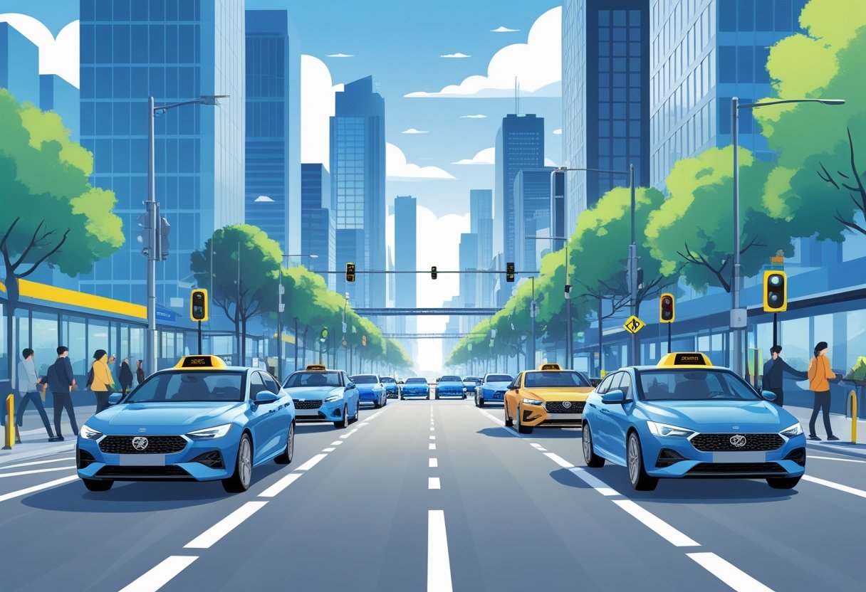 A group of drivers confidently driving cars through busy city streets with tall buildings and traffic signs.