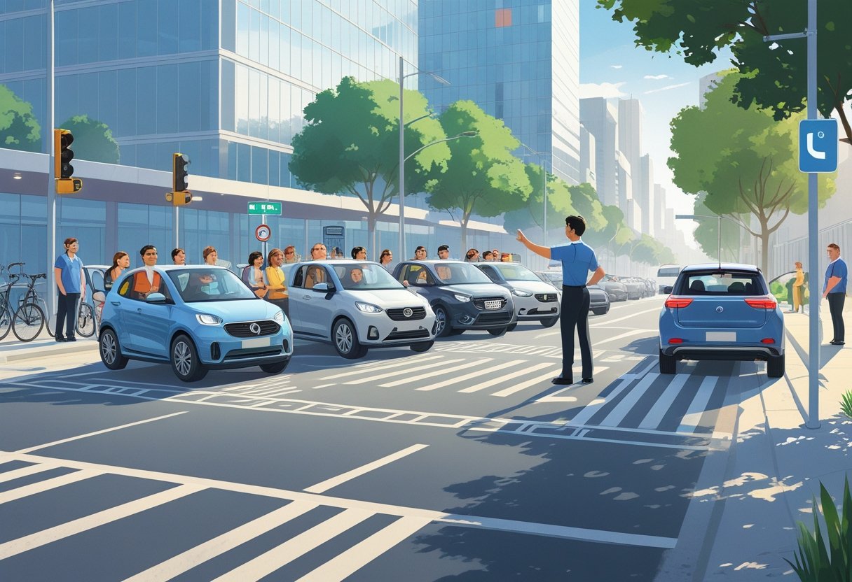 A driving instructor teaching a diverse group of learners in cars on a busy city street with traffic lights, pedestrians, and tall buildings.