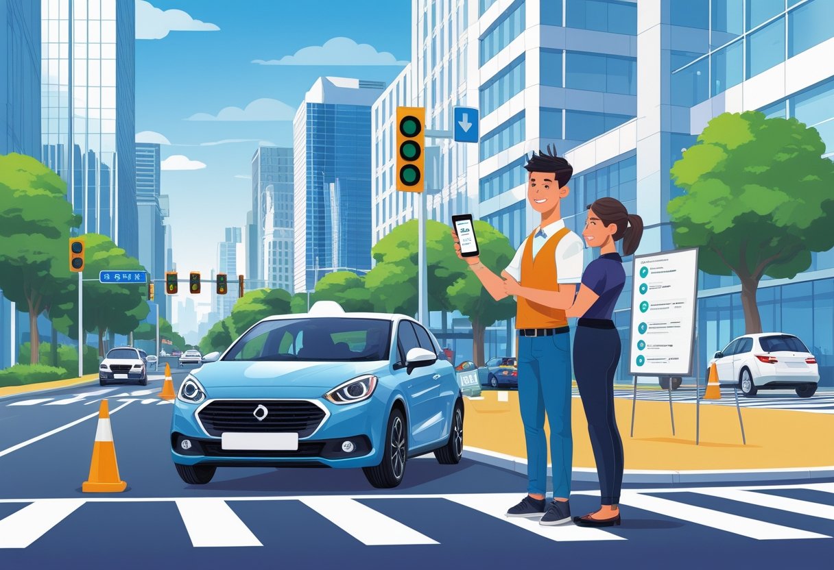 A person standing next to a car in a busy city street talking with a driving instructor.