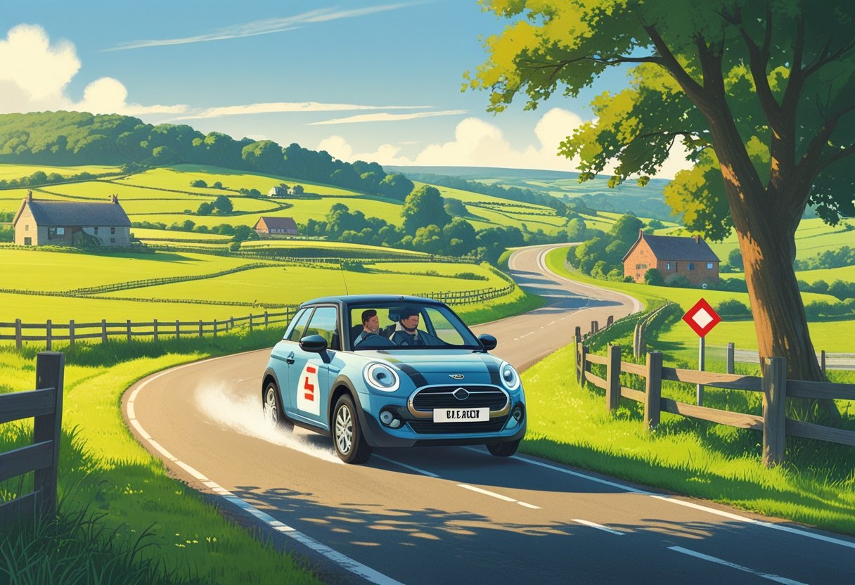 A learner driver and instructor in a car on a winding country road surrounded by green fields, farmhouses, and road signs.
