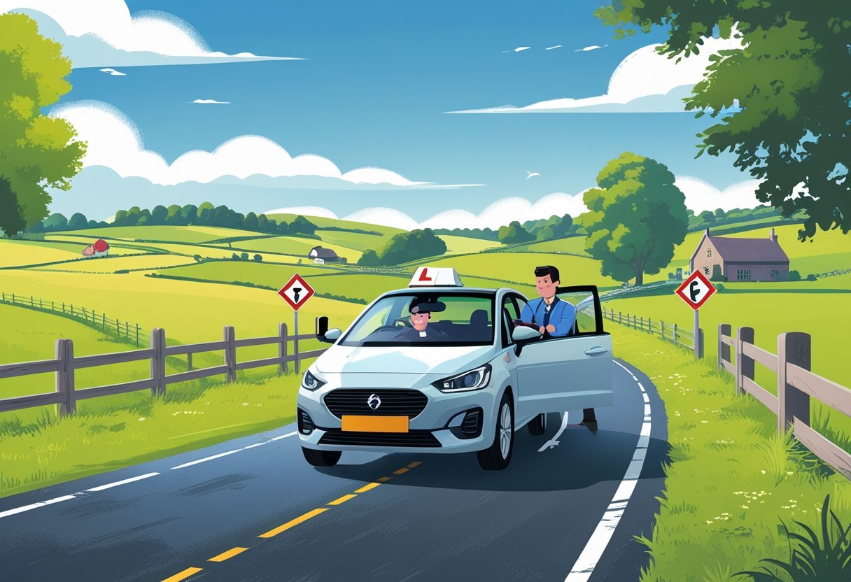 A learner driver and instructor in a car on a quiet rural road surrounded by fields, trees, and farmhouses.