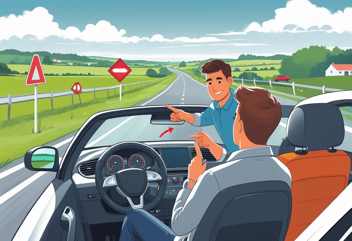 A learner driver and instructor in a car on a quiet countryside road with fields and farmhouses in the background.