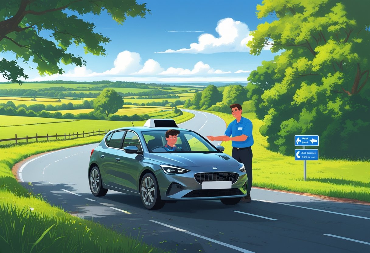 A learner driver and instructor in a car on a quiet country road surrounded by fields and trees.