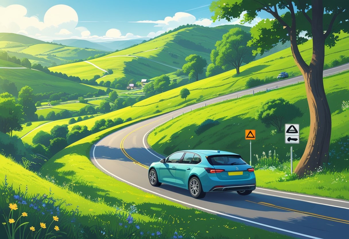A car driving on a winding road through green hills and countryside with trees and farmhouses in the background.
