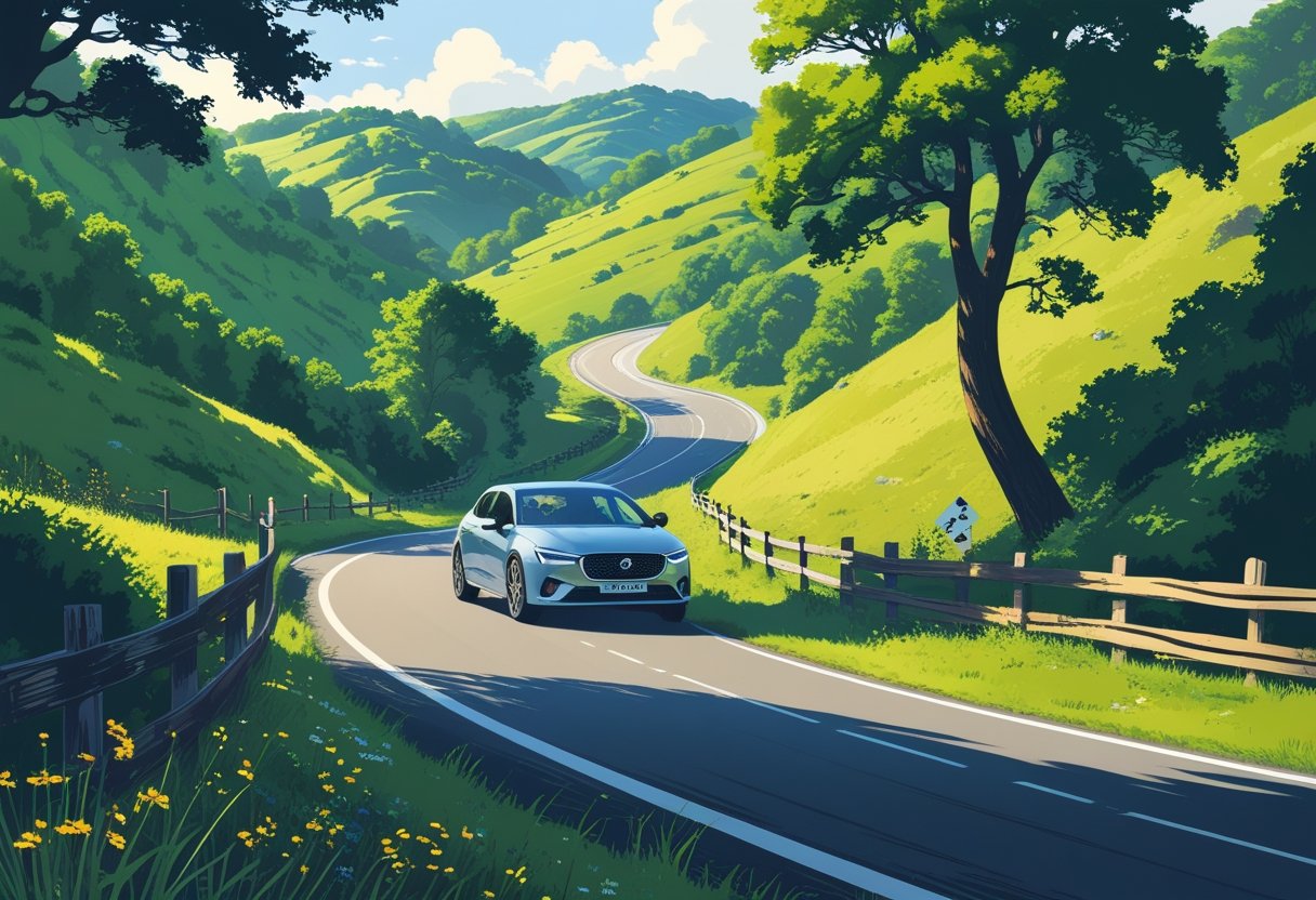 A car driving on a winding road through green hills with a driving instructor inside.