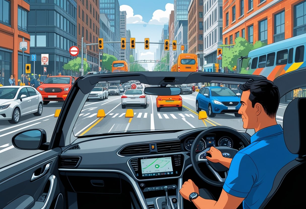 A driving instructor teaching a student inside a car on a busy city street with heavy traffic and tall buildings around.