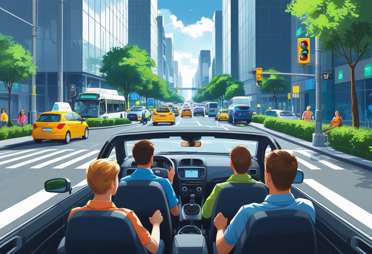 A driving instructor teaching students how to drive through a busy city street with traffic, pedestrians, and tall buildings.