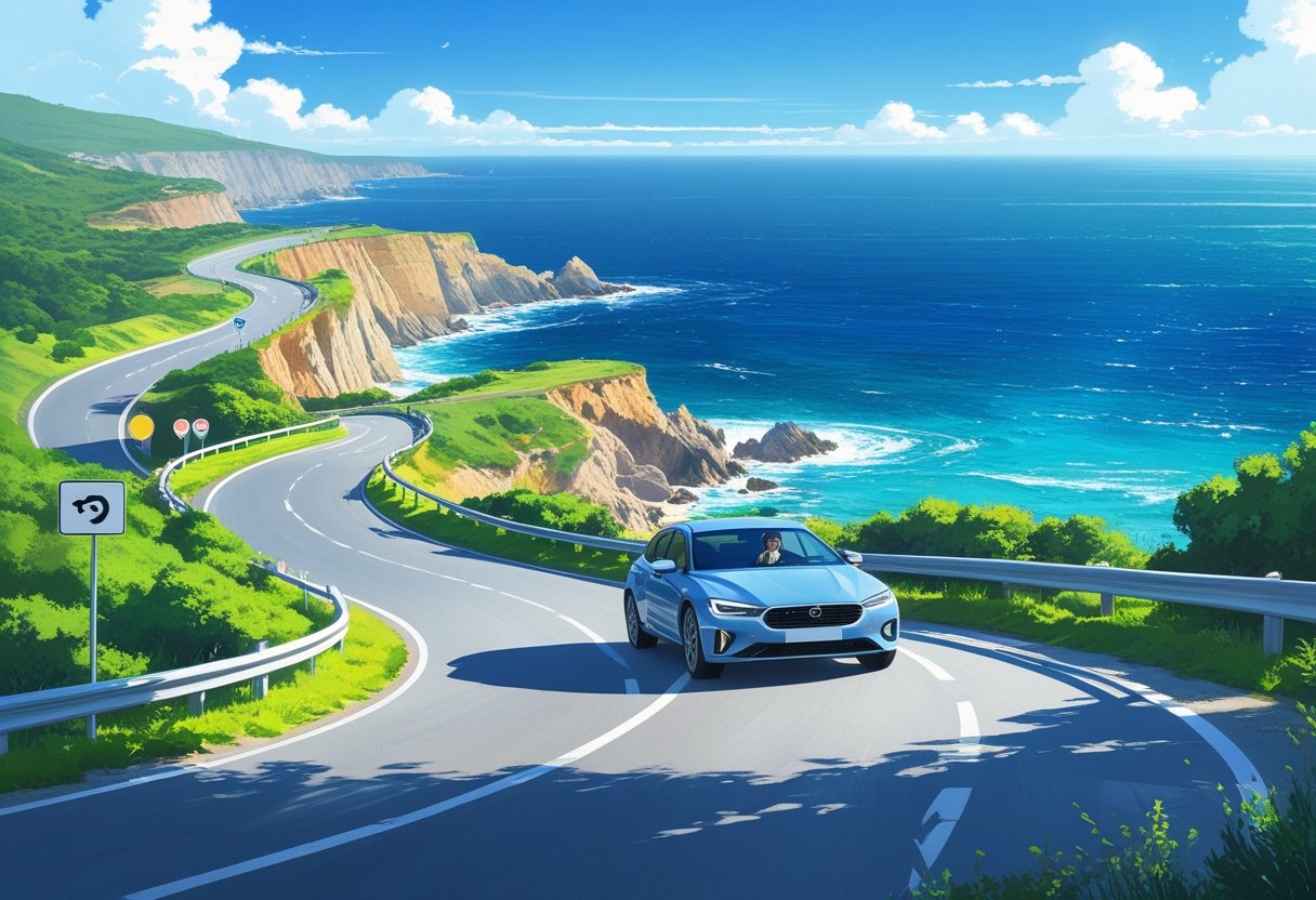 A car driving along a winding coastal road next to cliffs and the ocean under a clear sky.