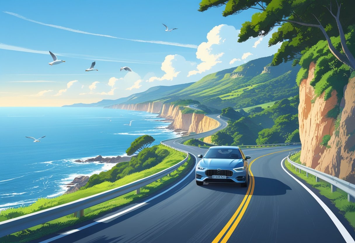 A car driving along a winding coastal road with cliffs, ocean, and greenery under a clear sky.