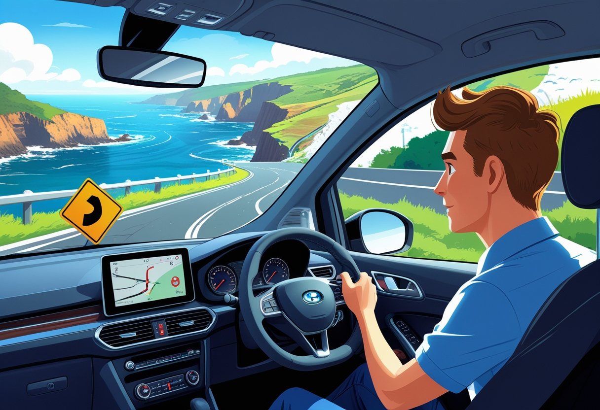 A young driver and instructor in a car driving along a winding coastal road with cliffs and ocean in the background.