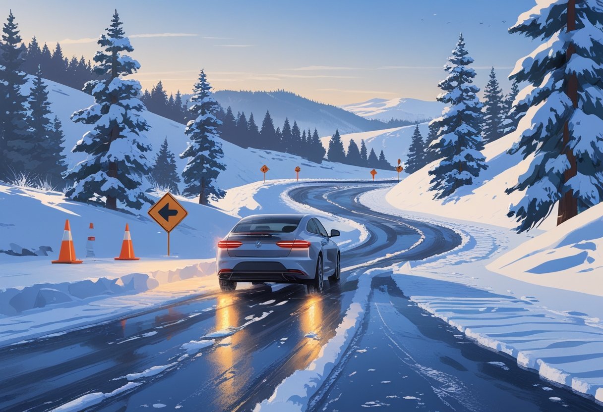 A car driving carefully on a snow-covered road surrounded by snow-covered trees and hills.
