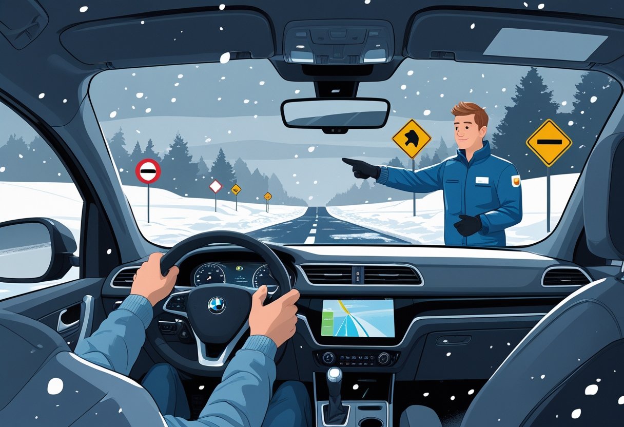 A driver in a car on a snowy road with icy patches, receiving guidance from a driving instructor outside the vehicle.
