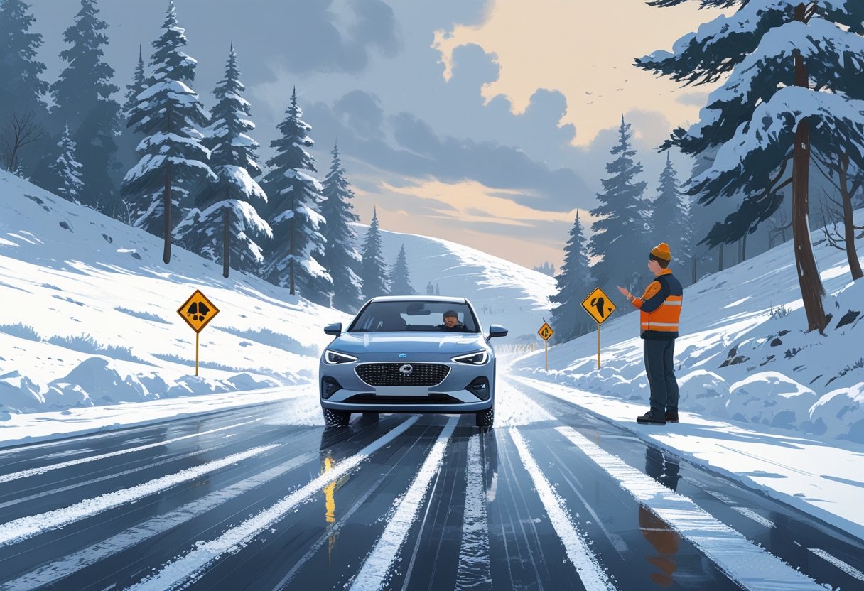 A car driving carefully on a snow-covered road with icy patches, surrounded by snowy trees and hills, while a driving instructor watches nearby.