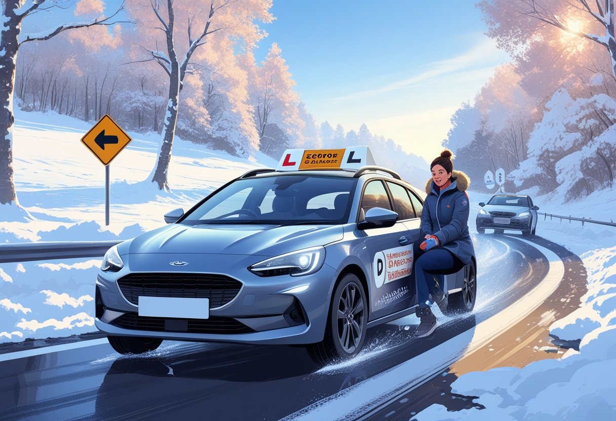 A driving instructor and learner in a car on a snowy road surrounded by snow-covered trees, with winter road signs visible.