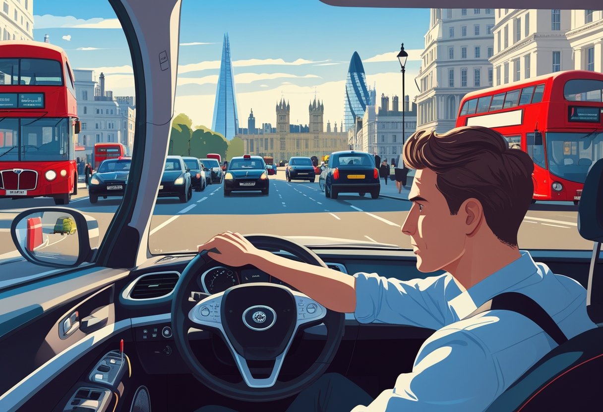 A person driving a car through busy London streets with buses, taxis, and famous landmarks in the background.