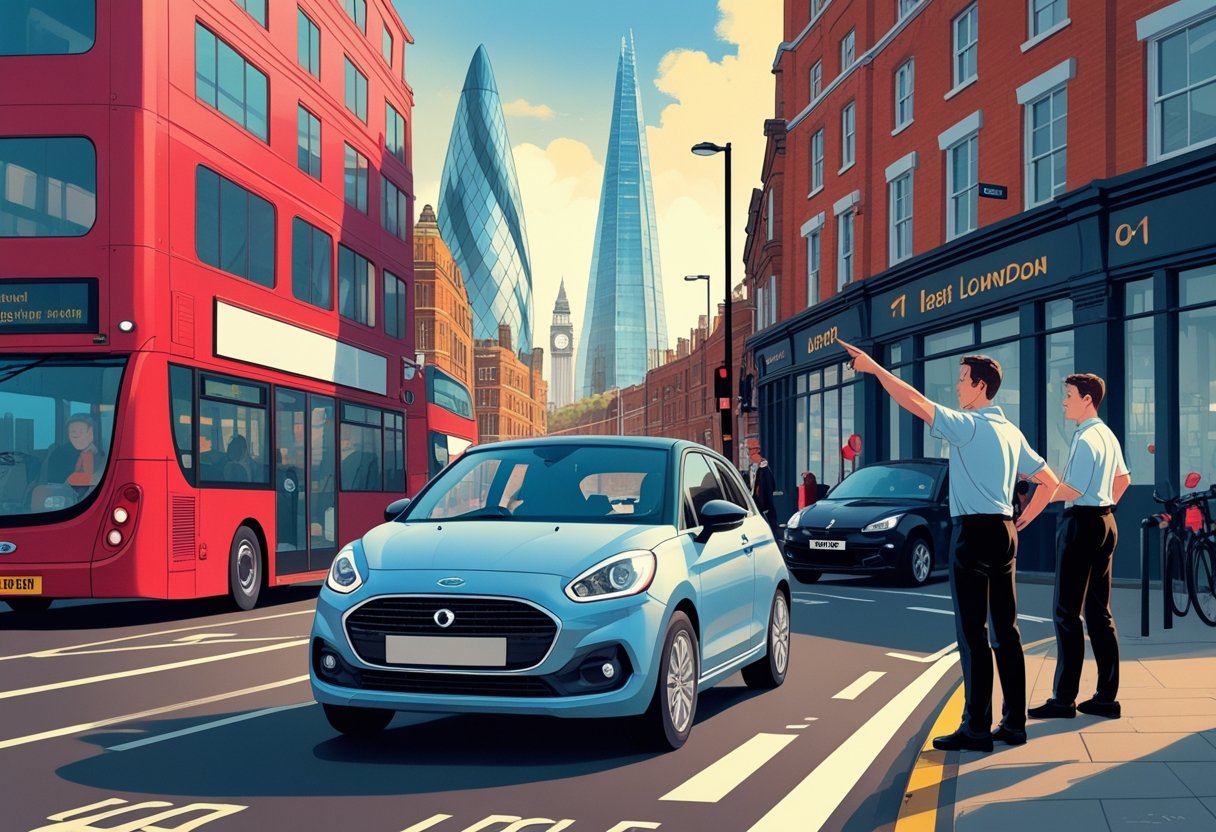 A young driver and instructor in a car navigating busy London streets with buses, taxis, and landmarks in the background.
