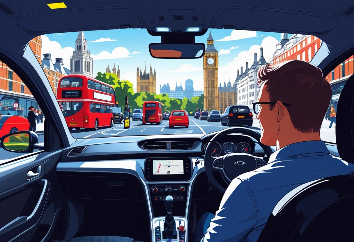A driving instructor and learner driver inside a car on busy London streets with red buses, black cabs, and landmarks like Big Ben visible outside.