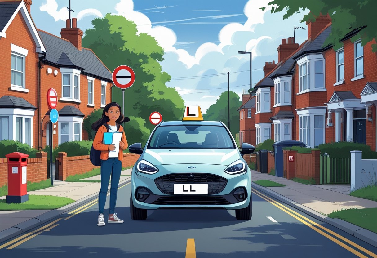 A young person standing next to a car with learner plates on a quiet UK street with road signs and houses in the background.