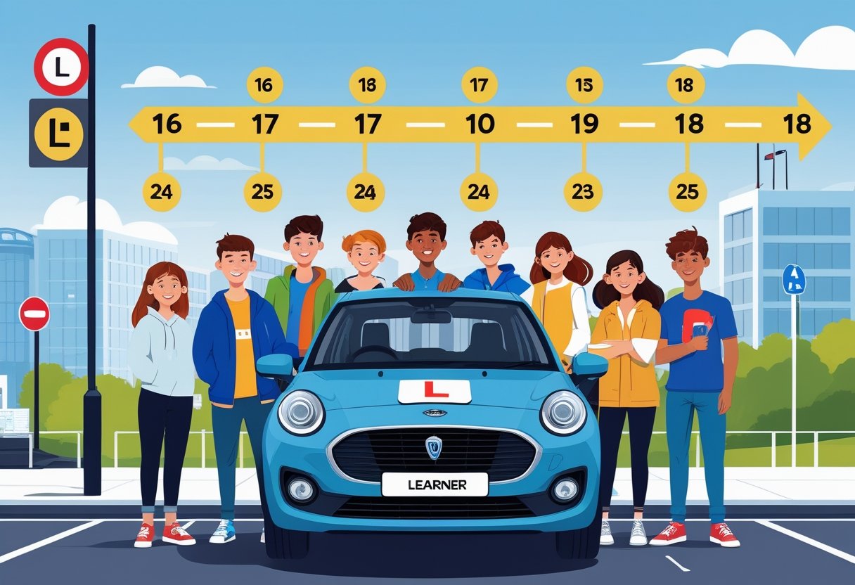 A group of young people of different ages standing next to a UK learner driver car with a timeline of age milestones and driving-related icons in the background.