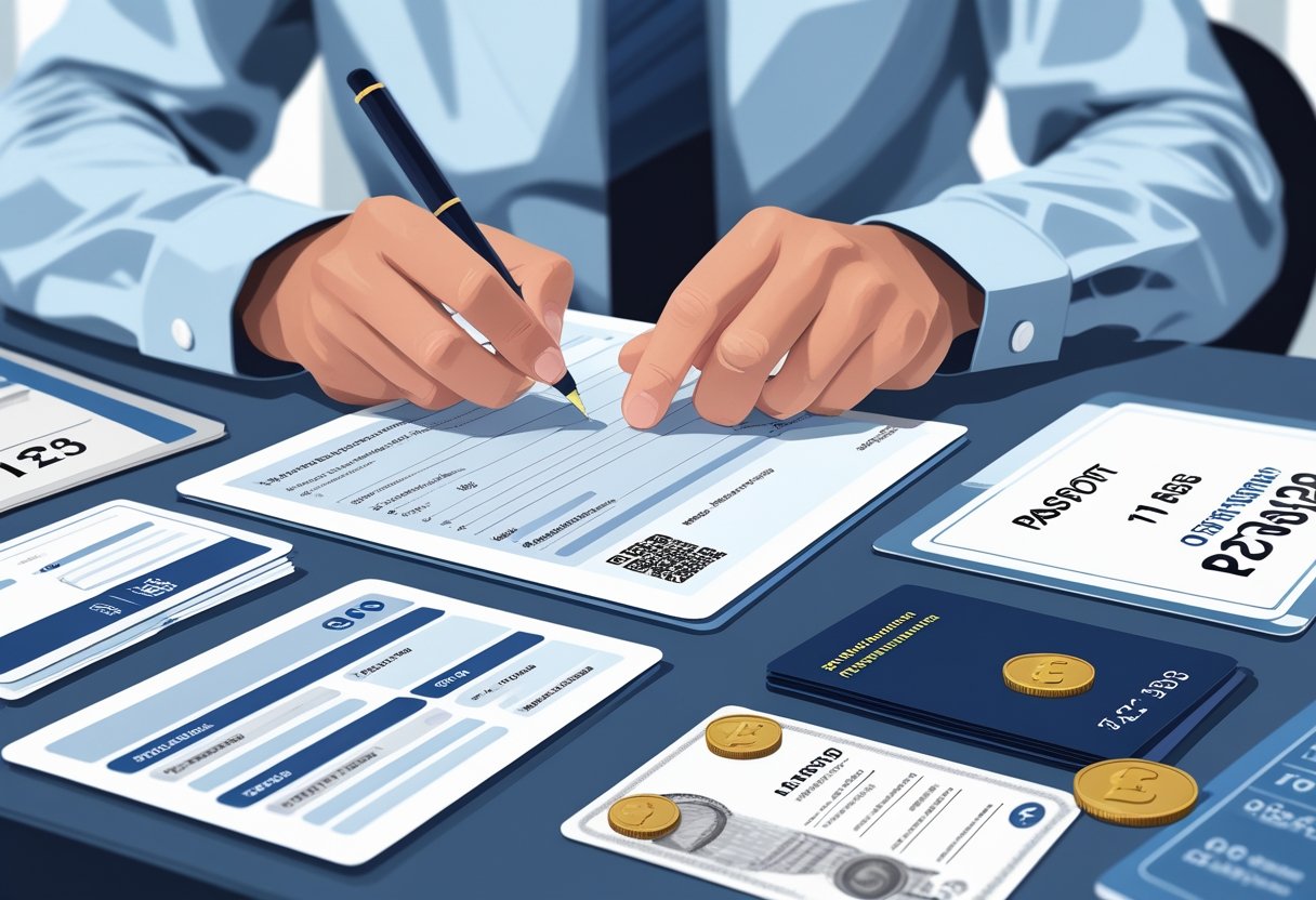 Hands filling out a driving licence application form on a desk with identity documents and payment items nearby, with a calendar and a driving licence office building in the background.