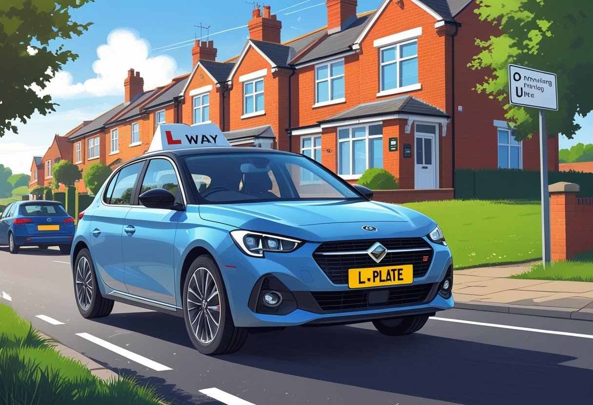A young learner driver in a car with an instructor on a quiet UK suburban street, with L-plates visible on the car.
