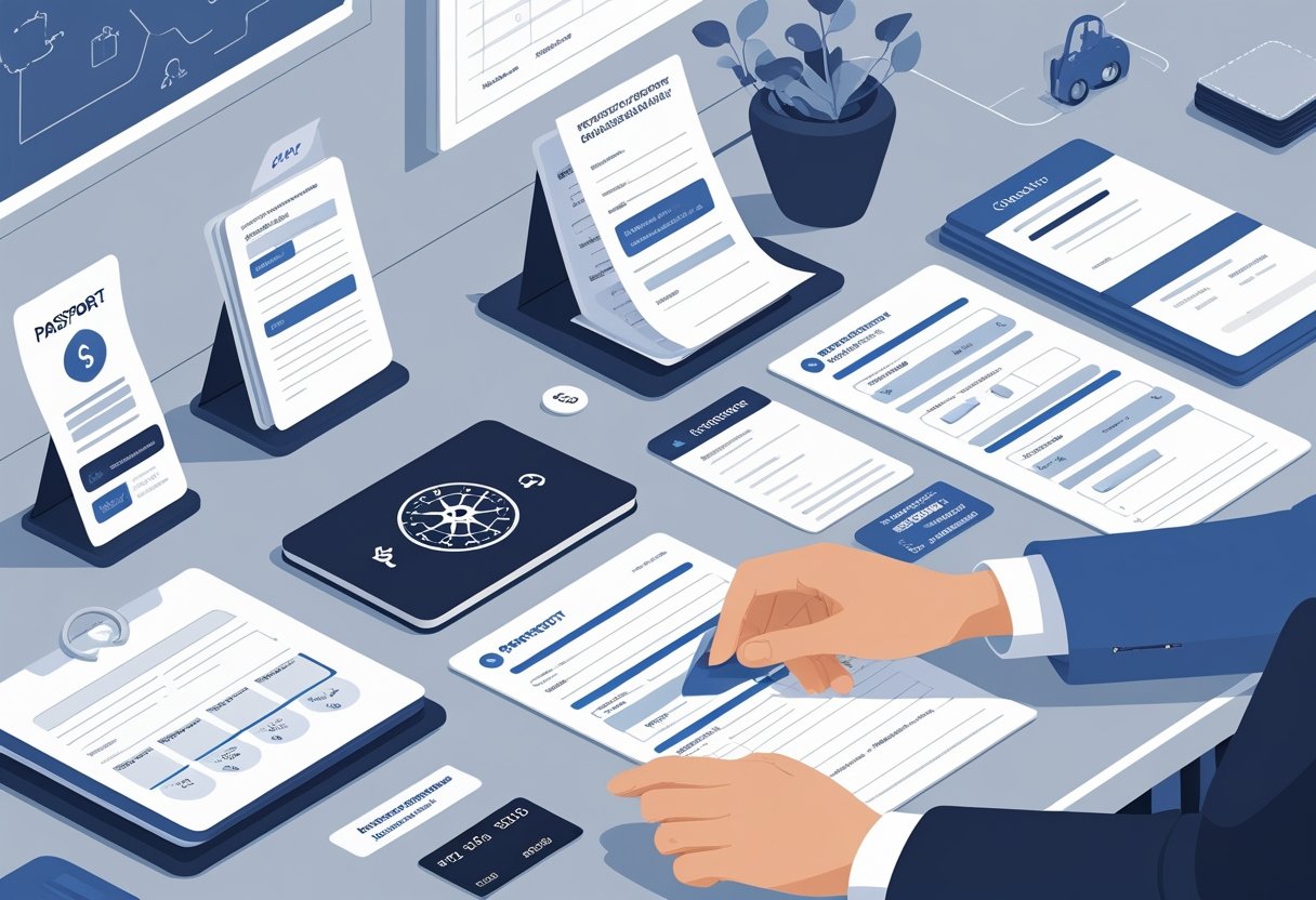 A person’s hands arranging documents and a payment card on a desk, with a calendar and driving-related icons in the background.