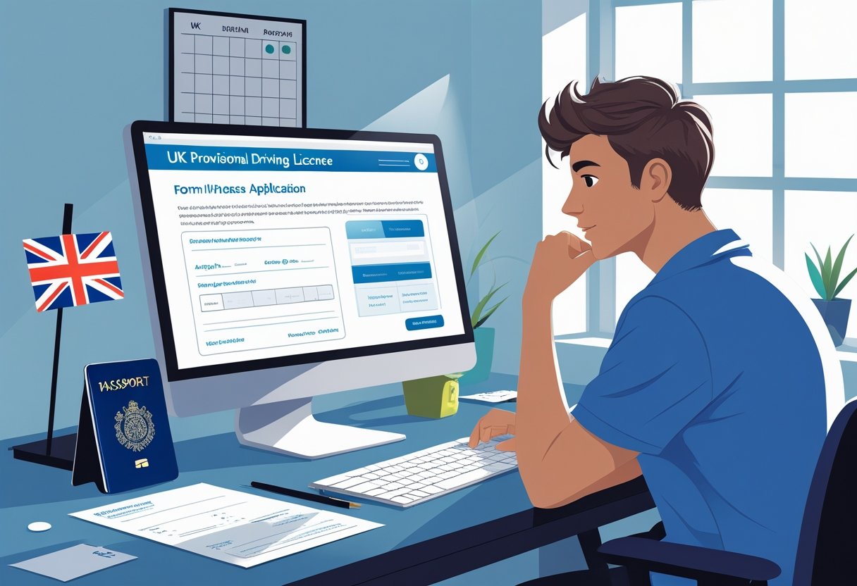 A person sitting at a desk looking at a computer with a UK passport and paperwork nearby.