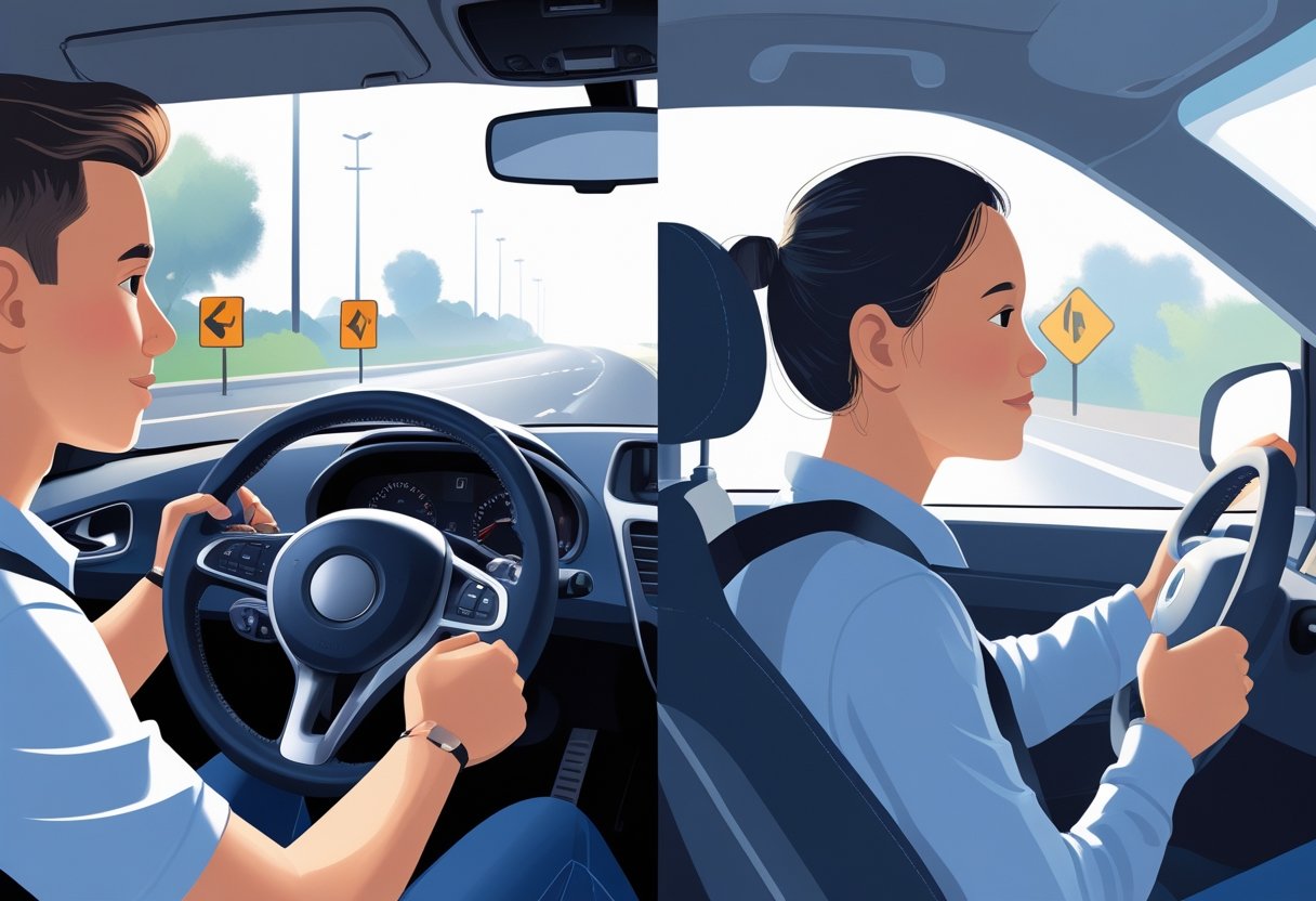 Two learner drivers sitting in cars side by side, one using a manual gear stick and the other using an automatic gear selector, both focused on driving.