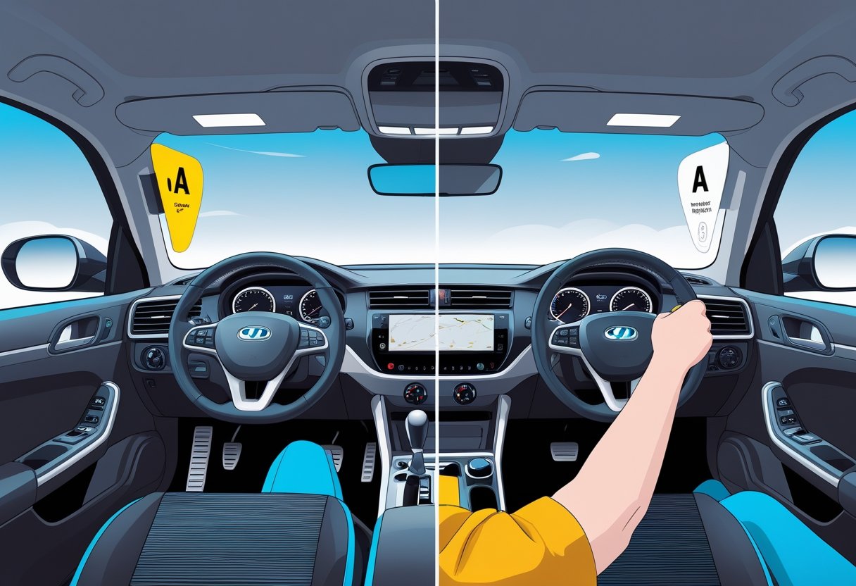 Two learner drivers inside cars side by side, one operating a manual gear stick and clutch pedal, the other using an automatic gear selector with no clutch pedal.