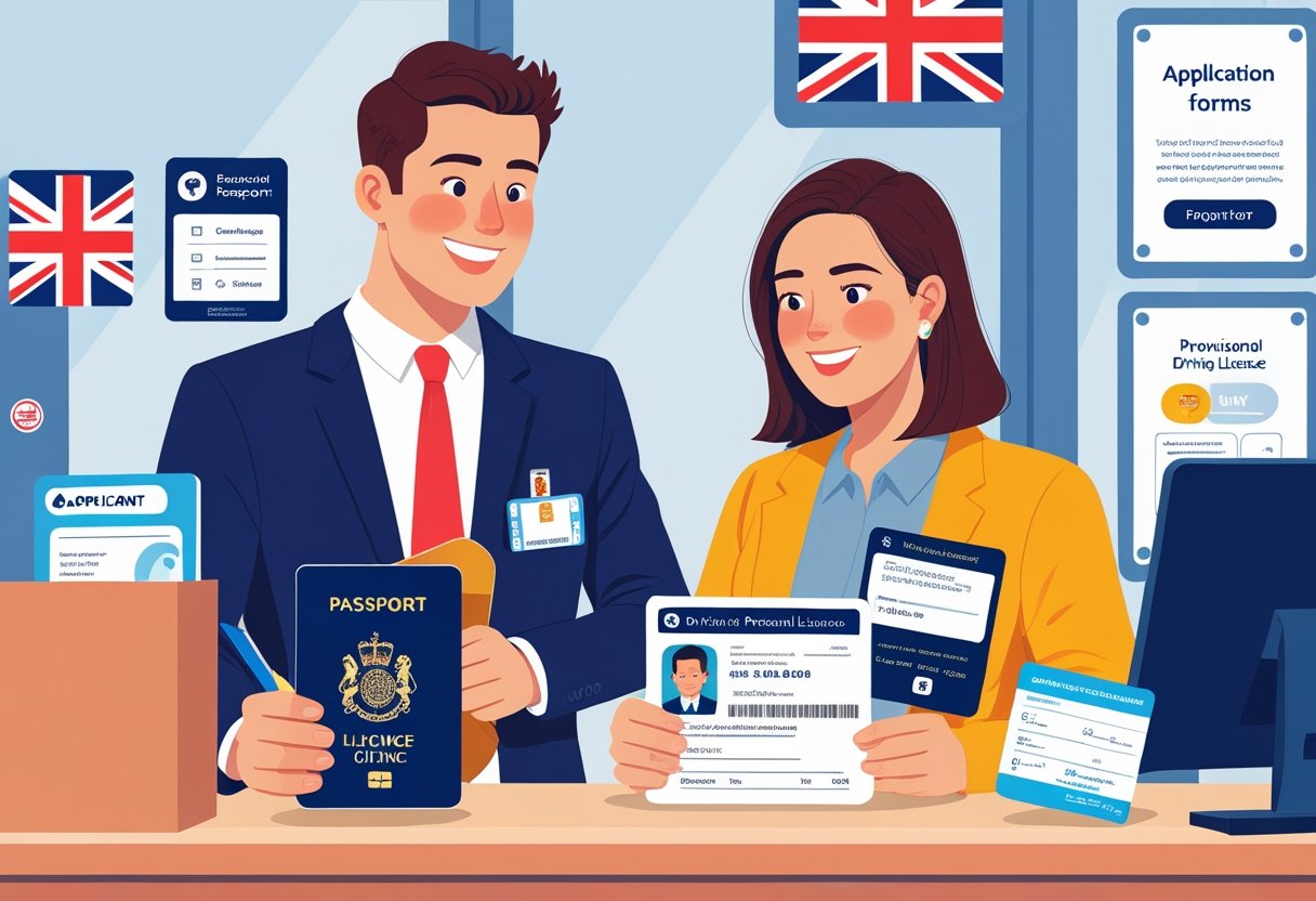 A person at a driving licence office counter showing identification documents to a clerk.