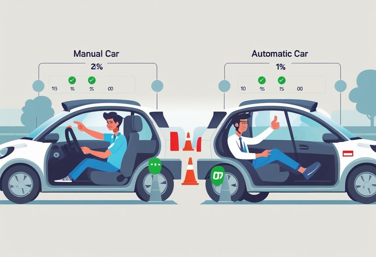 Two learner drivers taking driving tests side by side, one in a manual car with an instructor pointing at the gear stick, and one in an automatic car with the instructor giving a thumbs-up, set in a driving test centre with road signs and cones.