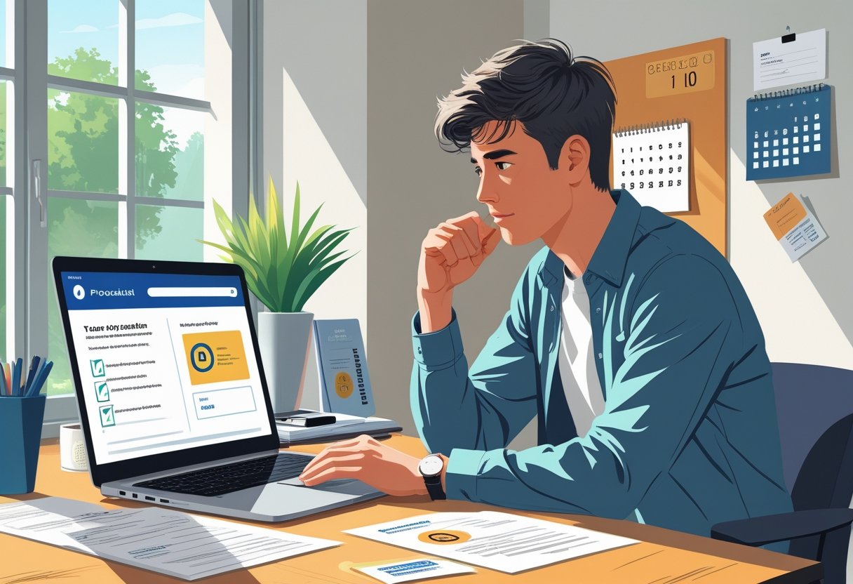 A young adult sitting at a desk looking at a laptop with documents and a calendar nearby, appearing to check eligibility for a provisional licence.