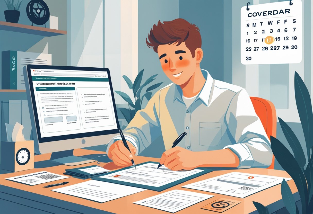 A person sitting at a desk completing a driving licence application with documents, a computer, and a calendar showing a future date.