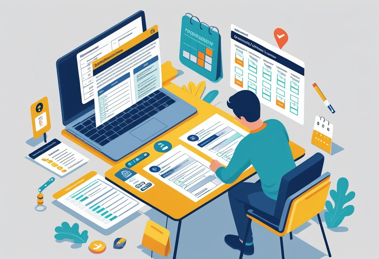 A person sitting at a desk reviewing documents and a laptop, with identification items and a checklist nearby, preparing to check eligibility for a provisional licence.
