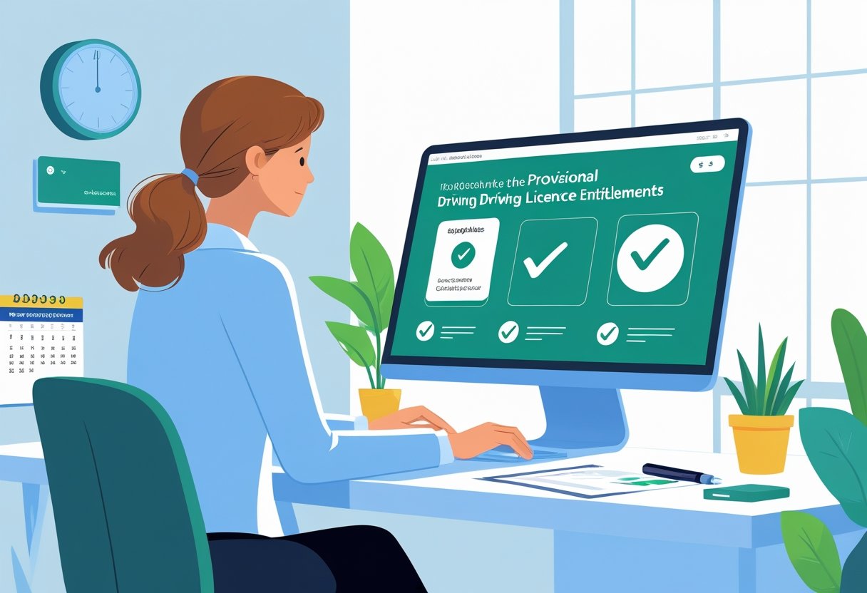 A person sitting at a desk using a laptop to check their provisional driving licence eligibility, with documents and a calendar nearby.