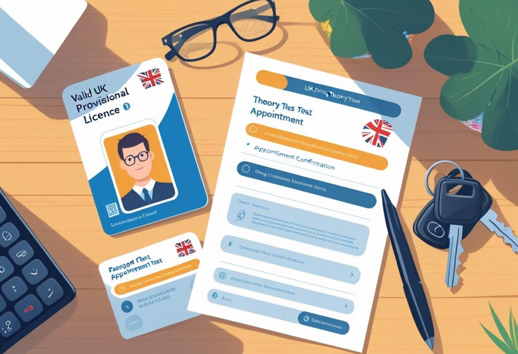 A neatly arranged flat lay of essential items for a UK driving theory test on a wooden desk, including a provisional driving licence, photo, appointment confirmation, pen, glasses, and car keys.