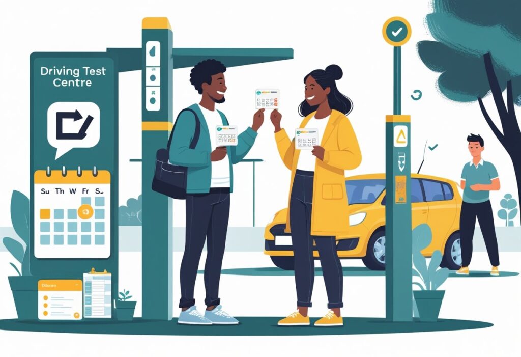 Two people exchanging driving test appointment cards outside a driving test centre with icons representing calendar swaps and mobile apps nearby.