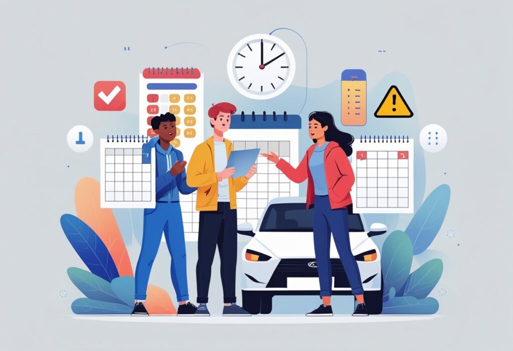 Two people exchanging calendars and discussing driving test dates outside a driving school, with icons representing tips, risks, and deadlines around them.