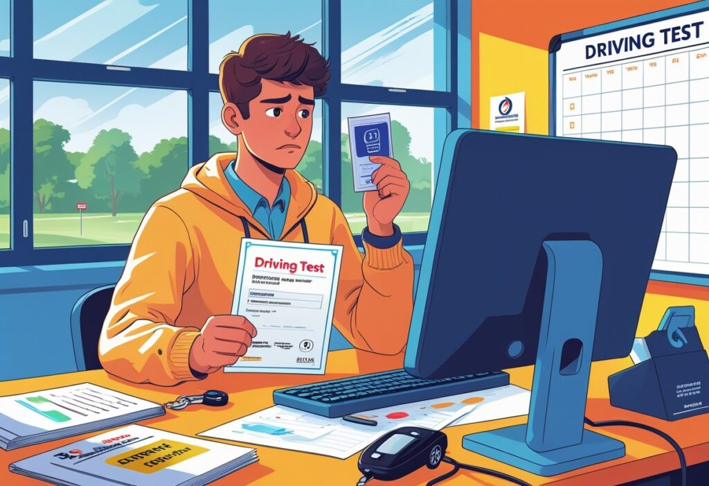 A person sitting at a desk in a driving school classroom holding a certificate and looking at a computer screen, surrounded by driving study materials.