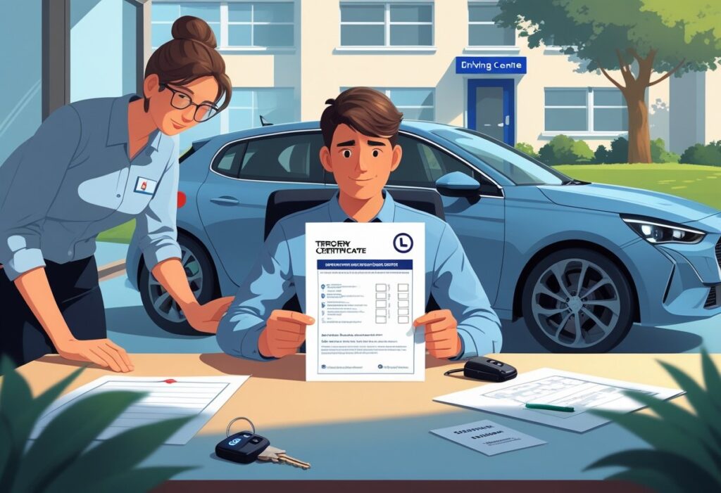 A learner driver sits at a desk reviewing a document while a driving instructor points towards car keys and a checklist, with a driving school and car visible outside.