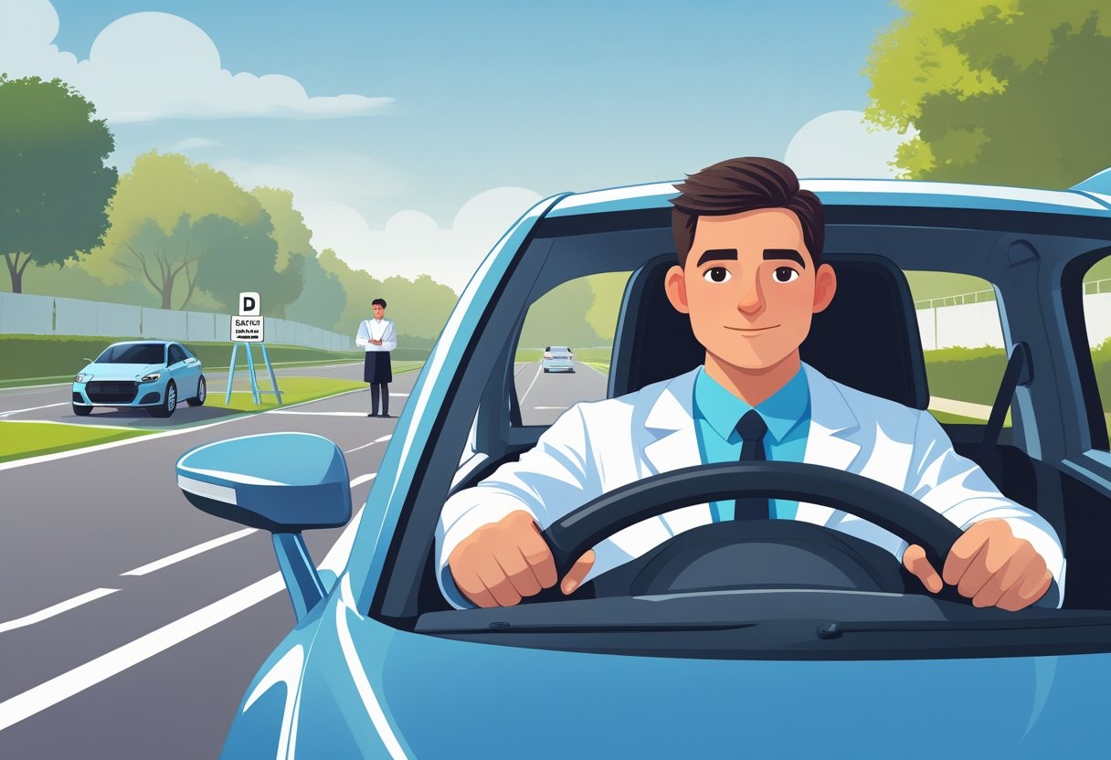 A doctor in a white coat sitting in the driver's seat of a car with a driving instructor beside the vehicle on a quiet suburban street.