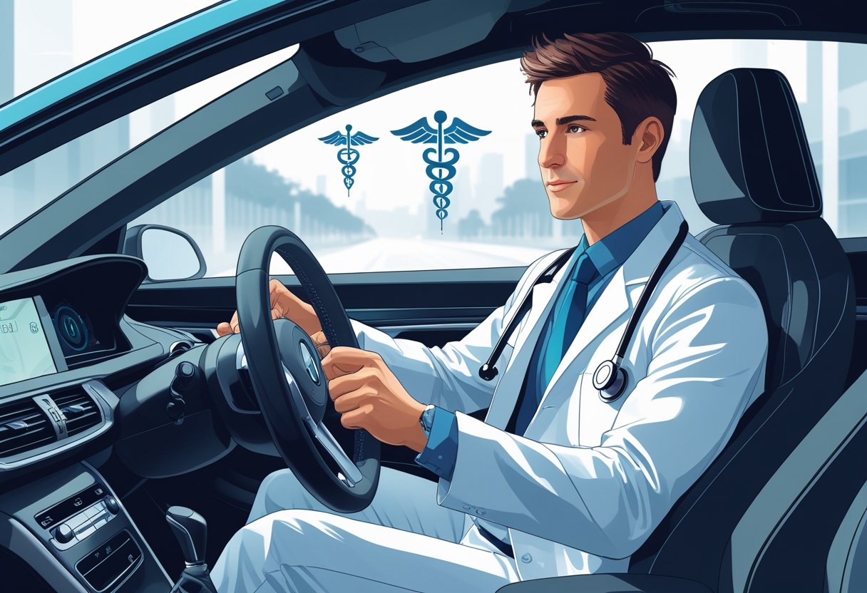 A doctor in a white coat sitting in the driver's seat of a car, looking focused and ready to drive in a calm city setting.