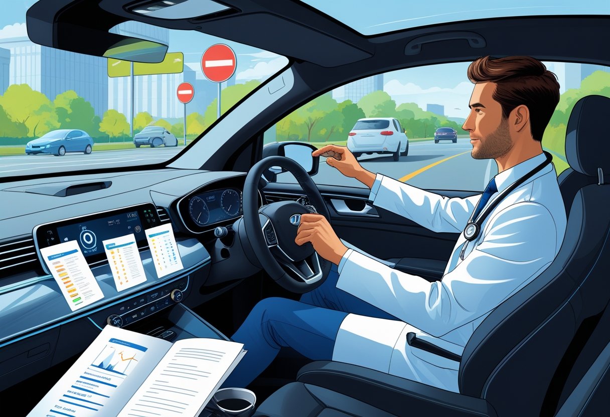 A doctor in a white coat driving a car with a driving instructor beside them, surrounded by symbols of medical work and time pressure.