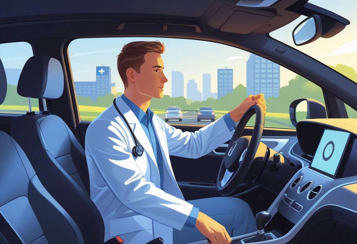 A doctor in a white coat learning to drive with a driving instructor inside a modern car, with hospital buildings visible outside.