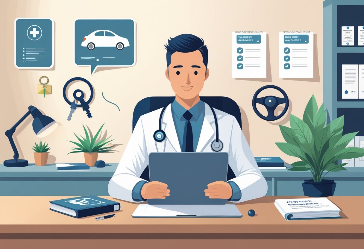 A doctor sitting at a desk using a tablet to book an intensive driving course, with driving-related items and medical certificates visible nearby.